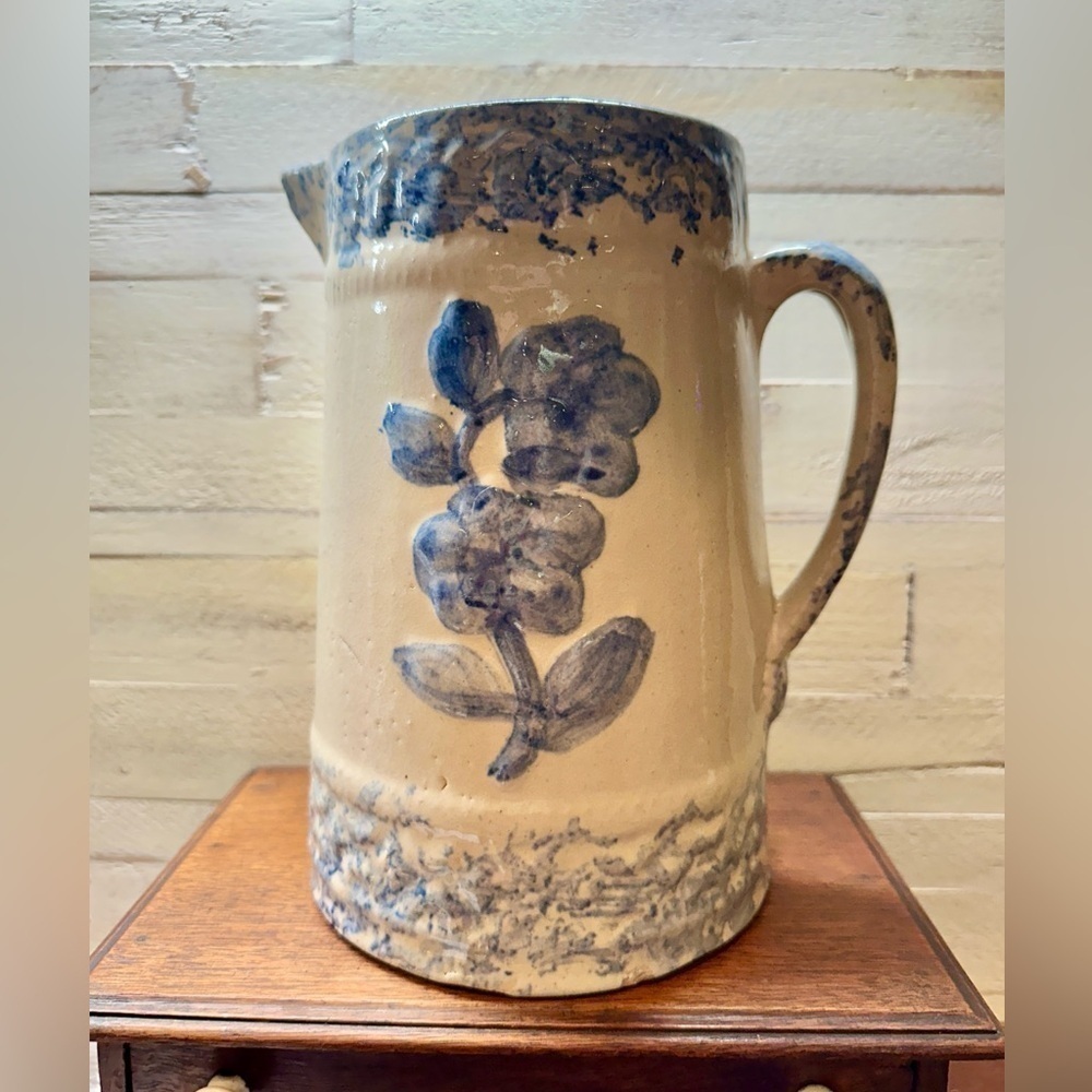 ANTIQUE, 19TH CENTURY, PRIMITIVE, BLUE & WHITE ROSE STONEWARE SPONGEWARE PITCHER
